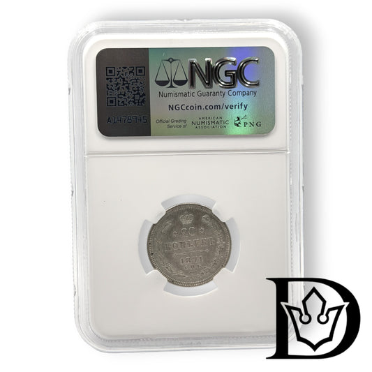 1871 CNB HI Tsar Russia Silver 20 Kopecks NGC Graded UNC DETAILS Alexander II