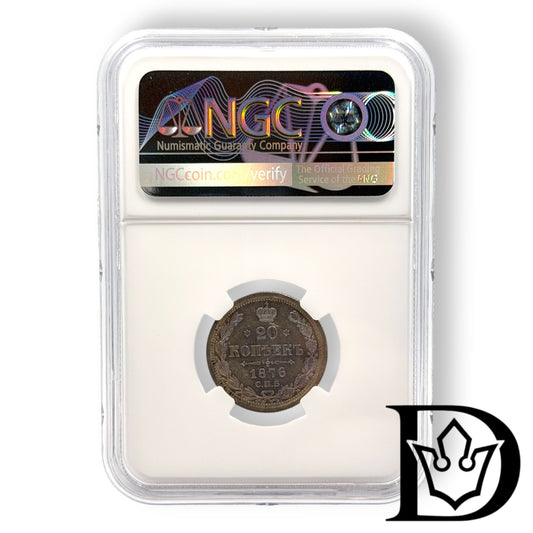 1876 CNB HI Tsar Russia Silver 20 Kopecks NGC Graded MS 62 Alexander II (Copy)