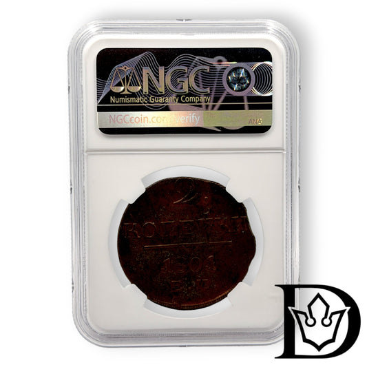 1801 EM Tsar Russia Copper 2 Kopecks NGC Graded UNC DETAILS Paul I