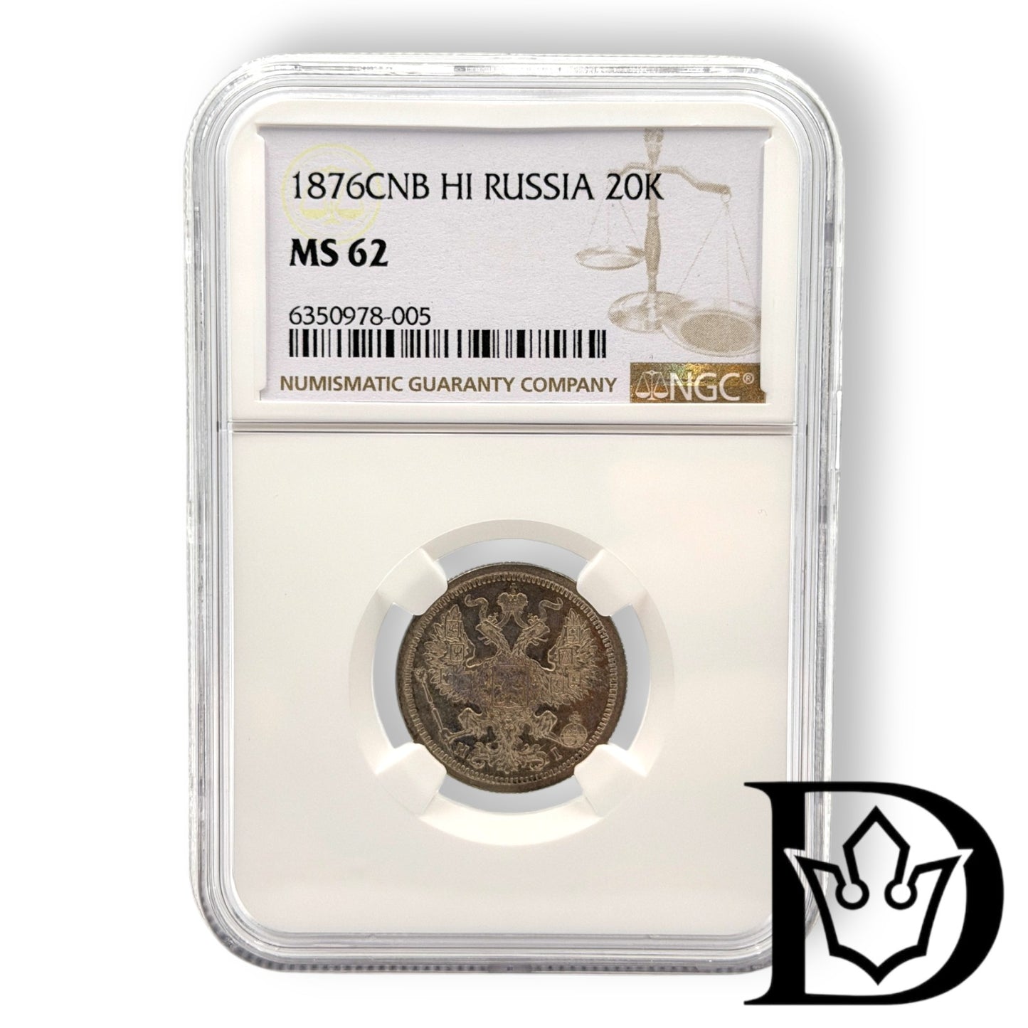 1876 CNB HI Tsar Russia Silver 20 Kopecks NGC Graded MS 62 Alexander II (Copy)