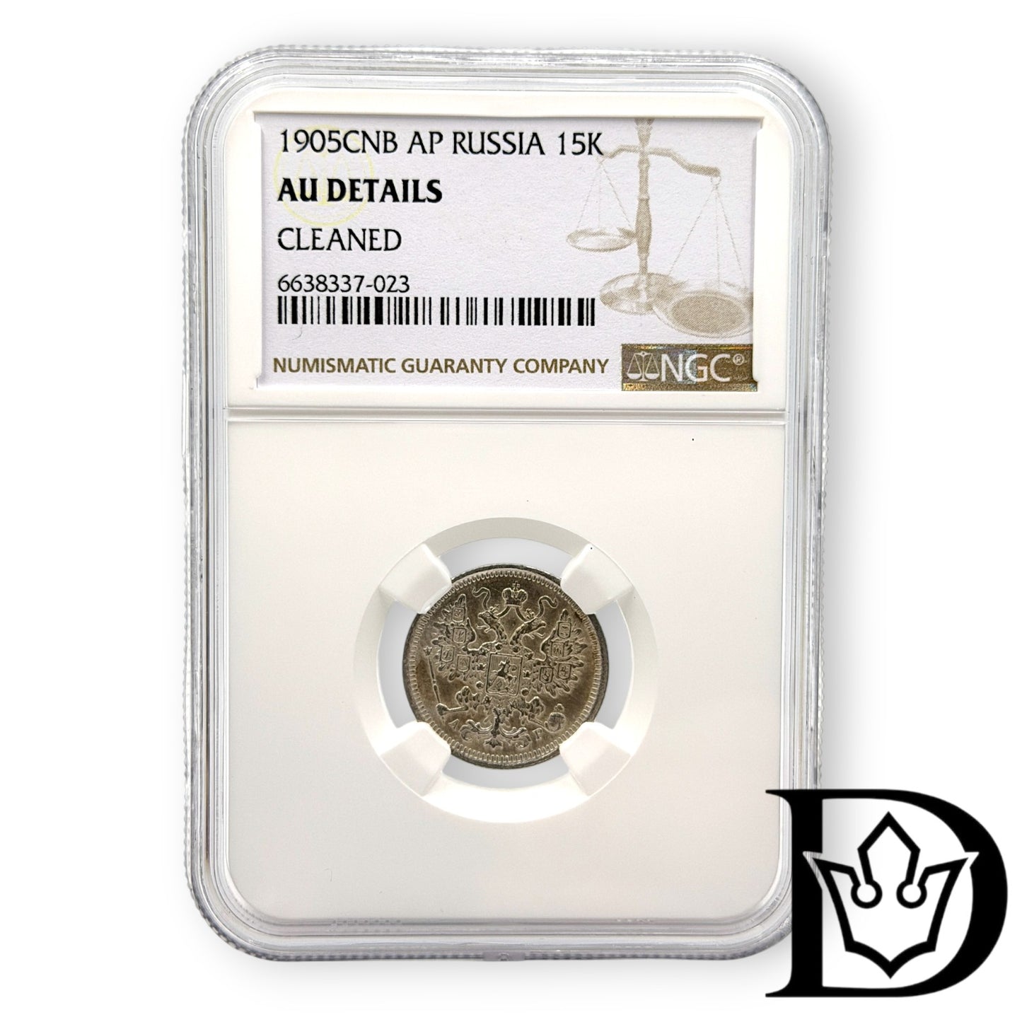 1905 CNB  AP Russia Silver 15 Kopecks NGC Graded AU DETAILS Nicholas II