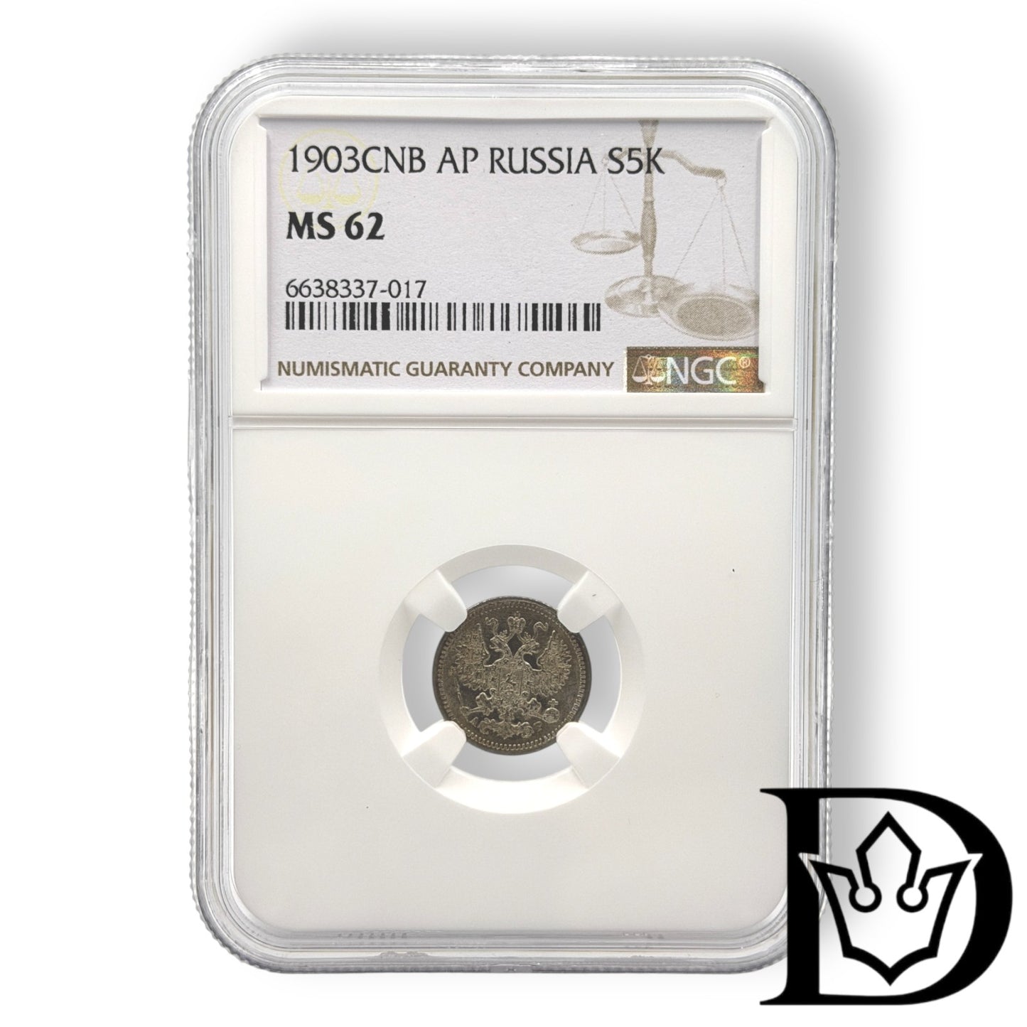 1903 CNB AP Tsar Russia Silver 5 Kopecks NGC Graded MS 62 Nikolai II