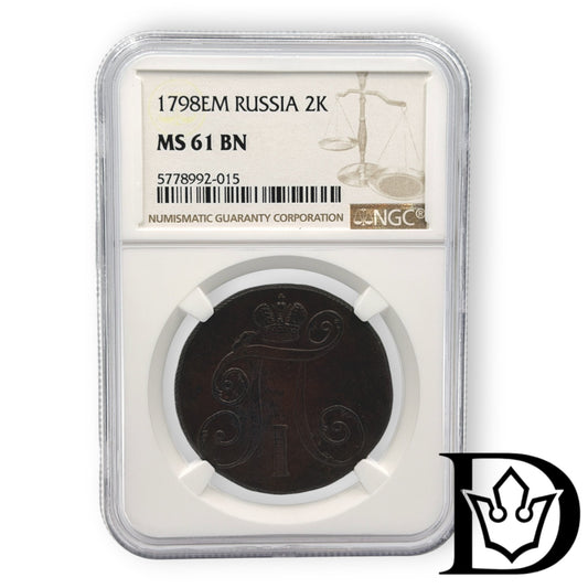 1798 EM Tsar Russia Copper 2 Kopecks NGC Graded MS 61 BN Paul I
