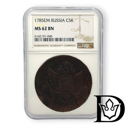 1785 EM Tsar Russia Copper 5 Kopecks NGC Graded MS 62 BN Catherine II